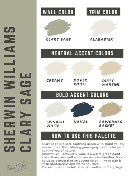 Paint Colors With Dark Furniture, Sherwin Williams Clary Sage, Soft Green Paint Color, Sage Paint Color, Sage Color Palette, Sherwin Williams Green, Olive Green Paints, Kitchen Color Palettes, Sherwin Williams Color Palette