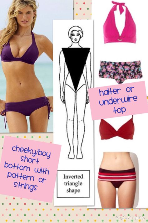 Inverted triangle or A  body shape bikinis                                                                                                                                                                                 More Inverted Triangle Body Shape Swimsuit, Inverted Triangle Swimwear, Inverted Triangle Swimsuit, Inverted Triangle Body Shape Fashion, Inverted Triangle Body Shape Outfits, V Shape Body, Body Type Clothes, Triangle Body Shape Fashion, Learning Fashion