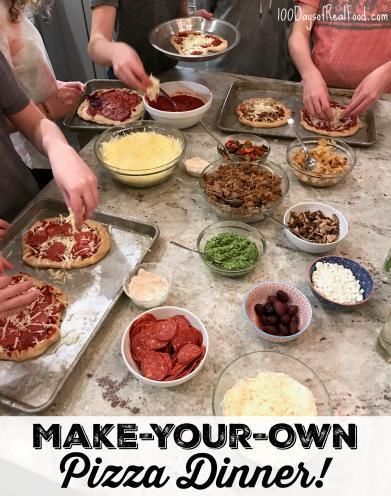 How to: Make Your Own Pizza Night - 100 Days of Real Food Family Night Food, Make Your Own Pizza Birthday Party, Homemade Pizza Bar, At Home Pizza Night, Pizza Making Station, Wine And Pizza Party, Pizza And Wine Night, Girls Pizza Night, Make Your Own Pizza Bar