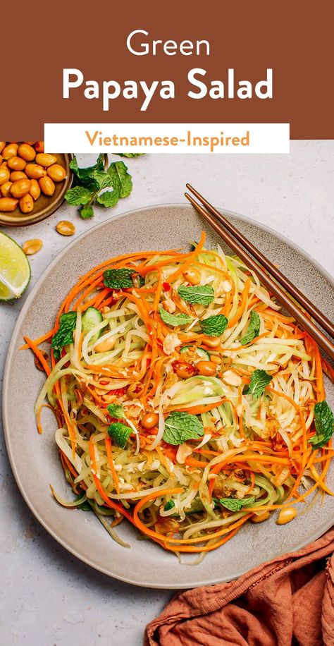 Green Papaya Salad (Vietnamese-Inspired!) - Full of Plants Vietnamese Papaya Salad Recipe, Vietnamese Papaya Salad, Salad Cabbage, Veggies Roasted, Vietnamese Salad, Beverages Recipes, Ital Food, Food Processor Uses, 2023 Food