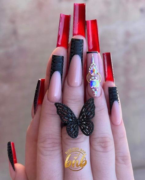 Black French Tip Nails Red Under, Black Acrylics With Red Underneath, Red N Black Nails Acrylic, Medium Red Bottom Nails, Black French Crocodile Nails, Black French Tip Nails Crocodile, Red Nails With Black Rhinestones, Black Matte Nails With Red Under, Red Bottom Croc Nails