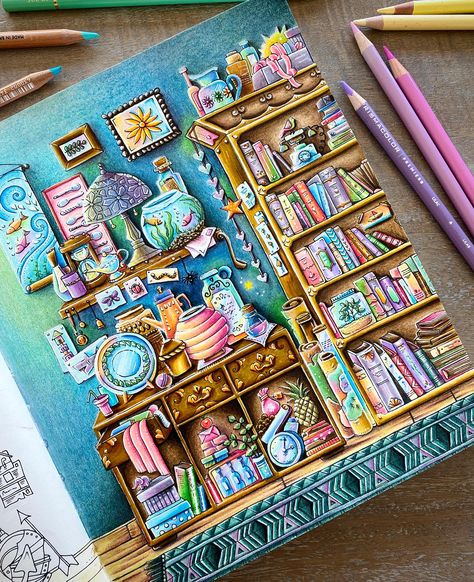 Enchanted little trinkets rooms ✨🩵✨ I think I never did such a detailed page before and boy it was a challenge! But I’m sooo happy that… | Instagram Finished Coloring Book Pages, Completed Coloring Pages, Rooms Of Wonder Johanna Basford Finished Pages, Johanna Basford Coloring Book Pages, Ivy And The Inky Butterfly Coloring Book, Rooms Of Wonder Finished Pages, Johanna Basford Worlds Of Wonder, Johanna Basford Rooms Of Wonder, Johanna Basford Secret Garden Coloring Book