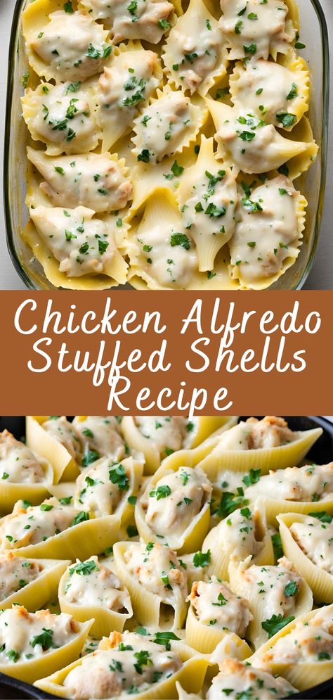 Chicken Alfredo Stuffed Shells Recipe | Cheff Recipes Stuffed Chicken Pasta Shells, Chicken And Mushroom Stuffed Shells, Stuff Noodles Shells, Chicken Stuff Shells Recipes, Chicken And Stuffing Shells, Pasta Shells With Chicken, Rotisserie Chicken Stuffed Shells, Stuffed Shells With Ground Chicken, Dinner Recipes Gourmet