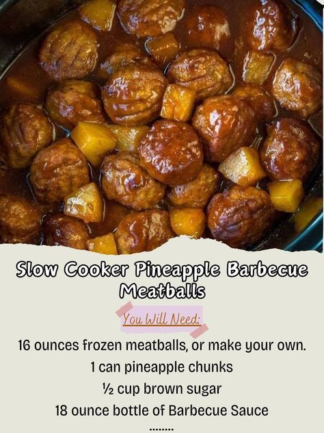 Meatballs frozen 16 oz\nBrown sugar cup\nPineapple chunks can\nGarlic powder 1 tsp\nBarbecue Sauce 18 oz bottle\nPineapple juice from can\nPlace meatballs in crockpot\nPour Barbecue Sauce and pineapple chunks over meatballs\nAdd garlic powder and brown sugar\nStir to combine well\nCover and cook on high 2 hours or low 4 hours\nGarnish with green onions before serving\n#SlowCooker #Meatballs #Barbecue #Pineapple Bbq Pineapple Meatballs, Meatballs Barbecue, Meatballs Pineapple, Meatballs In Crockpot, Barbecue Pineapple, Can Garlic, Meatballs With Pineapple, Meatballs Frozen, Pineapple Meatballs