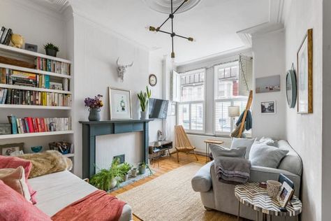 Small London Flat, London Flat Interior, Shed Apartment, Blue Fireplace, Small Flats, Condo Inspiration, Lavender Walls, Tiny Studio Apartments, Wood Lounge Chair