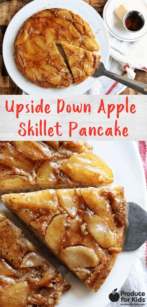 Switch up your classic pancakes with this simple Upside Down Apple Skillet Pancake made with fresh apples. Top with a drizzle of syrup, yogurt, and fresh fruit for a breakfast the whole family will love. #produceforkids #pancakes #applepancakes #applerecipes #breakfast Baked Apple Pancake Oven, Classic Pancakes, Skillet Pancake, Apple Skillet, Quick Pancakes, Apple Topping, Apple Pancake Recipe, Whole Grain Pancakes, Pancake Mix Recipe