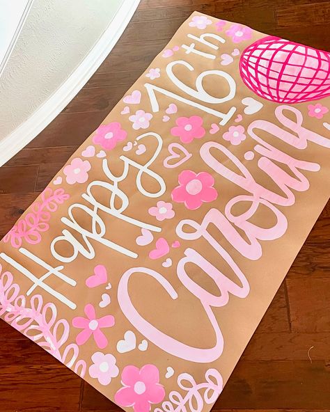 The cutest pink theme for this surprise birthday banner!! 🌷💗🪩 Pink Birthday Surprise, Sweet 16 Banner Ideas, Butcher Paper Banner Birthday, Pink Birthday Theme Ideas, 19th Birthday Banner, Diy Birthday Banner Ideas, Birthday Pink Decorations, Birthday Signs Diy Poster, Painted Banner Ideas