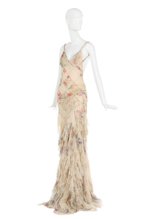 Alexander McQueen bias-cut floral chiffon dress, 'Deliverance', Spring-Summer 2004 unlabelled, formed from harlequin panels of wild flower print and plain ivory lozenges, deep, low scooped back, tousled handkerchief flounces to hem, bust approx 81cm, 32in Annabelle was photographed wearing this to promote the reality TV series 'Ladies of London' and also to Kate Moss' 30th birthday party, 16 January 2004. Mcqueen Fashion, Floral Chiffon Dress, Runway Dresses, Floral Chiffon, Mini Dresses, Flowing Maxi Dress, Fancy Dresses, Flower Dresses, Dream Dress