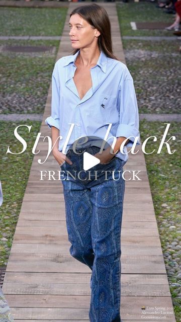 Wardrobe Therapy on Instagram: "If you’ve ever worked with one of our stylists, you know we LOVE a great tuck! 

The French Tuck (slight tuck in the front) is one of our favorites. Whitney shows us how she achieves the perfect French Tuck! 

Cover image via Etro Spring 2020, photographed by Alessandro Lucioni / Gorunway.com" French Tuck Shirt Women, French Tuck, Clothing Tips, Airport Look, Front Tuck, Shirt Tucked In, Cover Image, Loose Shirts, Style Mistakes