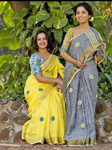 Exclusive Lenin sarees with thread work | ElegantFahionWear Synthetic Saree, Spruha Joshi, Lenin Sarees, Kurti Styles, Sarees For Girls, Cotton Saree Designs, Orange Saree, Closet Needs, Elegant Fashion Wear