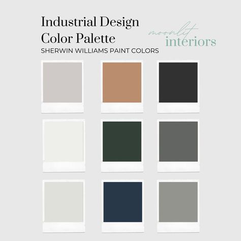 Industrial Home Paint Colors, Industrial Living Room Color Palette, Industrial Home Color Palette, Industrial Bedroom Color Palette, Industrial Design Home Office, Industrial Modern Color Palette, Office Interior Color Palette, Industrial Interior Design Color Palette, Industrial Interior Color Palette