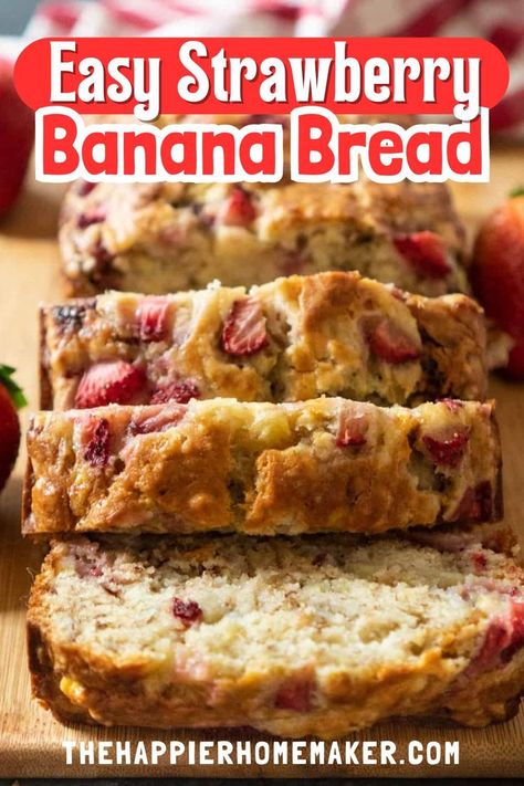 Indulge in the irresistible flavors of summer with this simple yet delicious Strawberry Banana Bread recipe! Bursting with the sweet taste of strawberries and ripe bananas, this moist and tender quickbread is a delightful treat for breakfast or dessert. With just one hour of baking time, you can enjoy the warm aroma of freshly baked bread filling your kitchen. Banana Bread With Strawberries, Banana And Strawberry Bread, Frozen Strawberry And Banana Recipes, Over Ripe Strawberry Recipes, Ripe Strawberry Recipes, Strawberry And Banana Dessert, Baking With Strawberries, Recipes With Frozen Strawberries, Strawberry Banana Bread Muffins