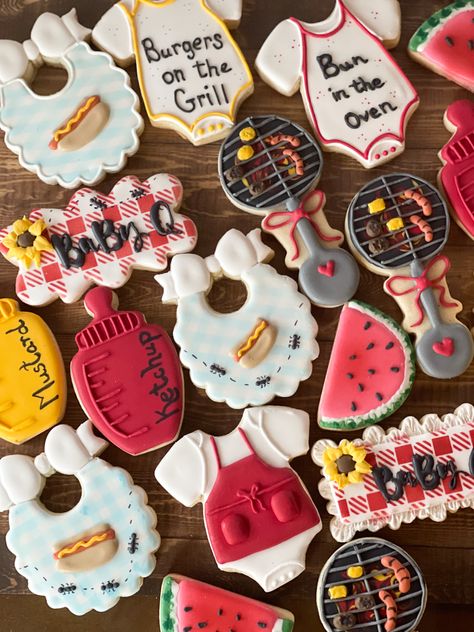 Oven Burger, Bbq Cookies, Baby Shower Barbeque, Babyque Shower, Baby Bbq, Lil Nugget, Watermelon Cookies, Baby Boy Cookies, Angel Baby Shower