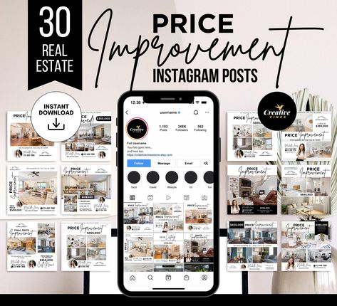 30 Price Improvement Instagram Posts Real Estate Price Reduction Instagram Post Price Adjustment Marketing Set Instagram Post Canva template Publication Facebook, Realtor Social Media, Real Estate Social Media, Real Estate Templates, Realtor Marketing, Marketing Template, Social Media Templates, Instagram Post Template, Post Templates