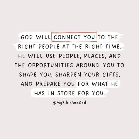 God is Sovereign and in Control. We can Trust Him to put the right people in our lives at the right time and for the right reasons. He has a plan for everyone and He can use whatever He so desires to guide us toward it. Moses needed Aaron. David needed Jonathan. Elisha needed Elijah. 👉 “For I know the plans I have for you, declares the Lord, plans for welfare and not for evil, to give you a future and a hope.” — Jeremiah‬ ‭29‬:‭11 👉 It is better to take refuge in the Lord Than to trust in ... Why God Puts People In Our Lives, God Is Sovereign Quotes, Trusting In God Quotes, God Has A Plan Quotes, Law Of God, Trust God Quotes, Godly Inspiration, Planning Quotes, Jesus Girl