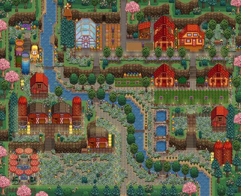 Stardew Design, Hill Top Farm, Stardew Valley Farm Layout, Stardew Farm, Farm Layouts, Stardew Farms, Stardew Valley Ideas, Stardew Valley Farm, Stardew Valley Layout