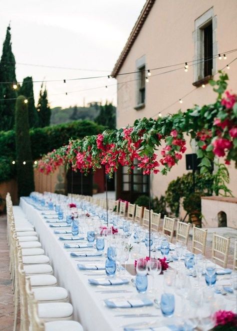 Mamma Mia Wedding, Greece Party, Blue Tablescape, Bougainvillea Wedding, Table Candles, Blue Vases, Party Colors, Prom Theme, Blue Glassware