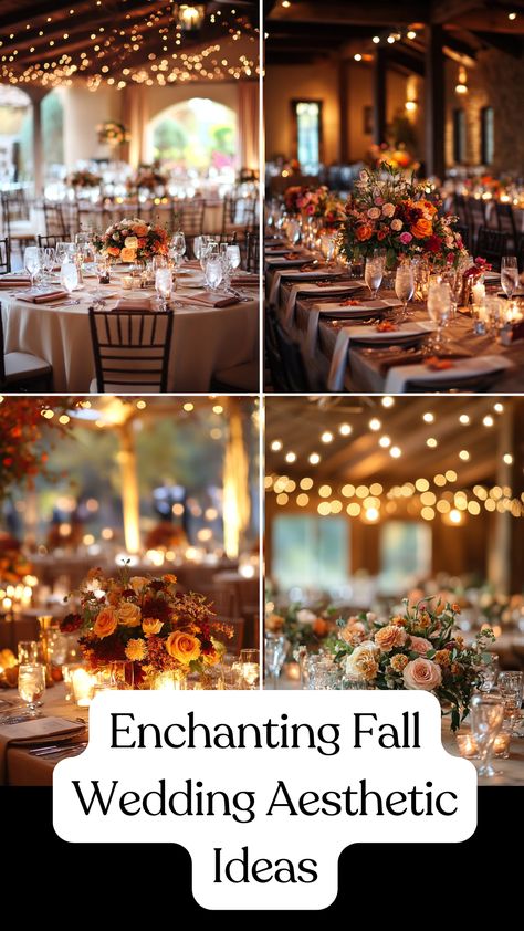 A beautifully decorated fall wedding reception with rustic table settings, warm-toned floral arrangements, and soft, cozy lighting that creates an enchanting and elegant atmosphere. Fall Color Wedding Reception, Farm Table Candles Wedding, Fall Wedding Table Cloths, Round Fall Wedding Tables, October Wedding Centerpieces Table Decor, November Wedding Reception Ideas, Fall Wedding Tablescapes Round Tables, Rustic Fall Wedding Aesthetic, Romantic Fall Wedding Centerpieces