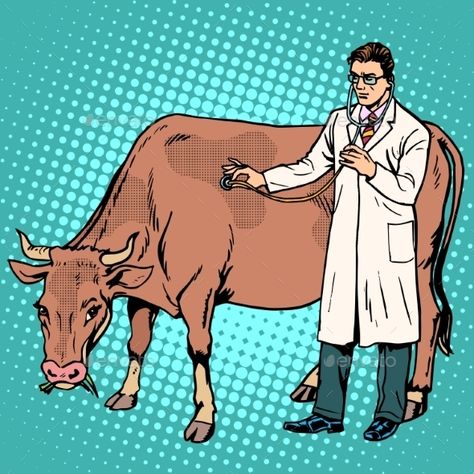 Veterinarian Treats a Cow Farm Animal Medicine Veterinary Symbol, Veterinary Day, Retro Magazine, Hand Health, Pop Art Retro, Animal Medicine, Cow Farm, Factory Farming, A Cow