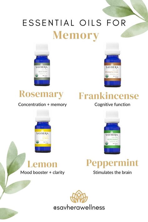 essential oil bottles, rosemary, frankincense, lemon, and peppermint, which help with memory Memory Boosters Brain, Essential Oils For Memory, Apothecary Herbs, Improving Memory, Eo Blends, Esential Oils, Improve Your Memory, Medicinal Herbs Garden, Herbs Garden