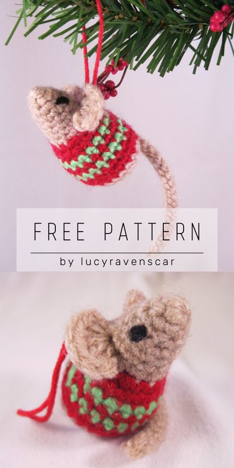 My next free amigurumi pattern for Christmas is a slight variation on my Little Kissing Mice pattern, so you can make a cute little mouse with a Christmassy red and green stripy sweater. You can add a loop so you can hang it on your Christmas tree, give it as a sweet little stocking filler, or fill it with catnip as a present for your cat. Make this cute mouse ornament with crochet pattern for beginners by LucyRavenscar. Crocheted Mouse, Crochet Christmas Ornaments Free, Crochet Ornament Patterns, Crocheted Christmas, Crochet Christmas Gifts, Crochet Xmas, Crochet Christmas Decorations, Crochet Mouse, Crochet Sweaters