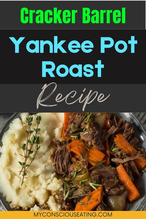 Yankee pot roast on a dinner plate Yankee Pot Roast Crock Pot, Cracker Barrel Pot Roast Recipe, Yankee Pot Roast, Cracker Barrel Copycat Recipes, Savory Meatloaf, Cracker Barrel Recipes, Pot Roast Recipe, Crock Pots, Roasted Root Vegetables