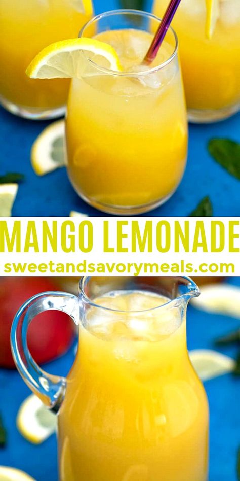 Mango Lemonade is fresh, cool, and bursting with seasonal tropical flavors. #mango #mangolemonade #sweetandsavorymeals #drinks Mango Lemonade Recipe, Mango Lemonade, Mango Drinks, Drink Recipes Nonalcoholic, Lemonade Drinks, Refreshing Drinks Recipes, Lemonade Recipe, Healthy Drinks Recipes, Lemonade Recipes