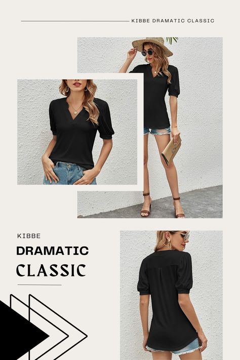 Romanstii Women Casual V-Neck T-Shirts Loose Puff Short Sleeve Tops Tunic Blouses perfect for a kibbe dramatic classic outfit! Kibbe Dramatic Classic Casual Outfits, Dramatic Classic Casual, Kibbe Dramatic Classic Outfits, Dramatic Classic Casual Outfits, Dc Kibbe, Classic Casual Outfits, Kibbe Dramatic Classic, Kibbe Dramatic, Dramatic Classic