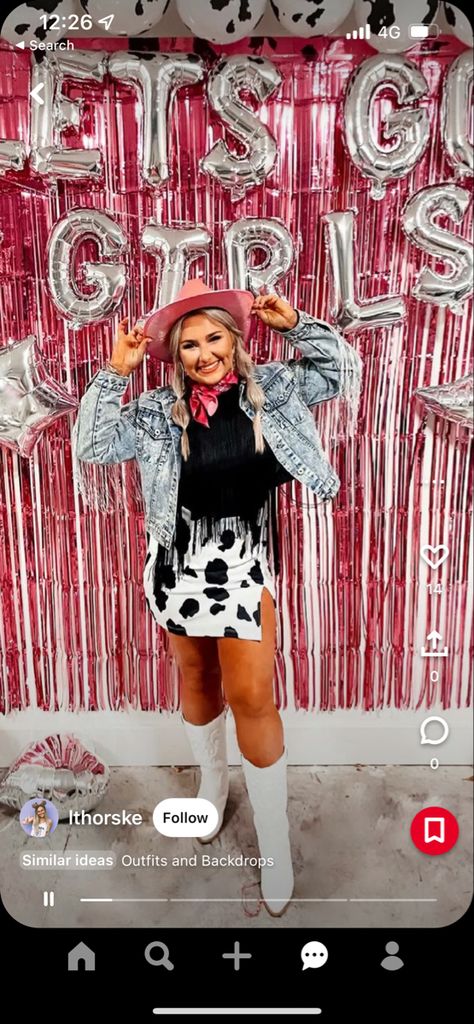 Cow Print Nashville Outfit, Cowprint Outfit Ideas Bachelorette, Cow Print Cowgirl Outfit, Cowgirl Hens, Cowgirl Bachelorette Party Outfits, Cowgirl Barbie, 30th Birthday Bash, Disco Birthday, Disco Vibes