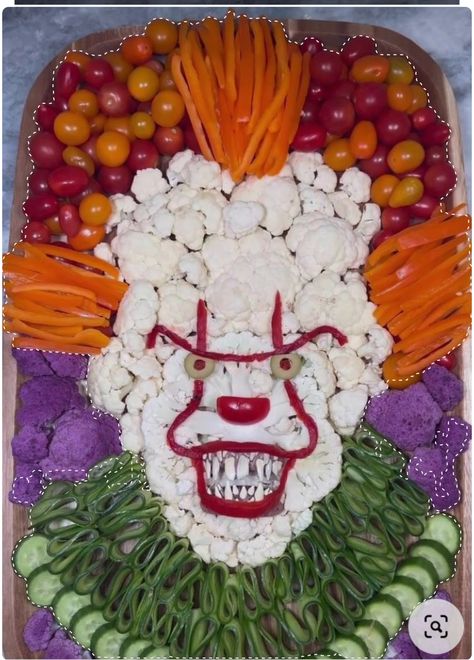 Clown Veggie Platter, Pennywise The Clown Veggie Tray, It Veggie Tray, Pennywise Veggie Platter, Penny Wise Veggie Tray, Halloween Theme Veggie Tray, Halloween Teeth Treats, Halloween Scary Treats, Pennywise Veggie Tray