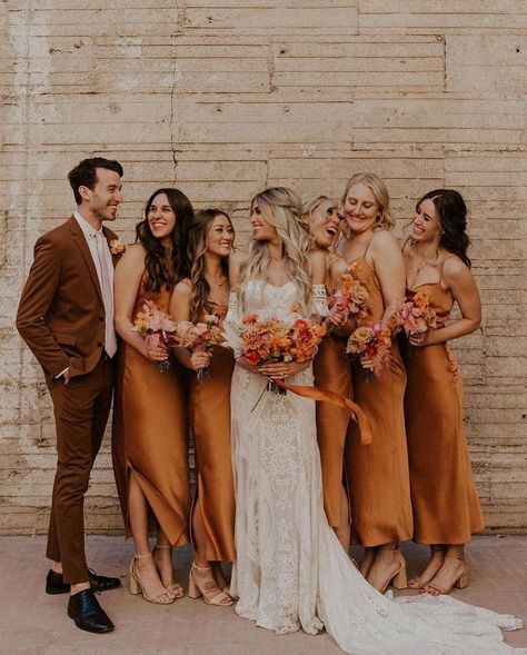 Brown Suit Wedding, Terracotta Bridesmaid Dresses, Terracotta Bridesmaid, Bridesmaid Suits, Bridal Parties Colors, Fall Wedding Bridesmaids, Brown Bridesmaid Dresses, Rust Bridesmaid Dress, Wedding Parties Colors