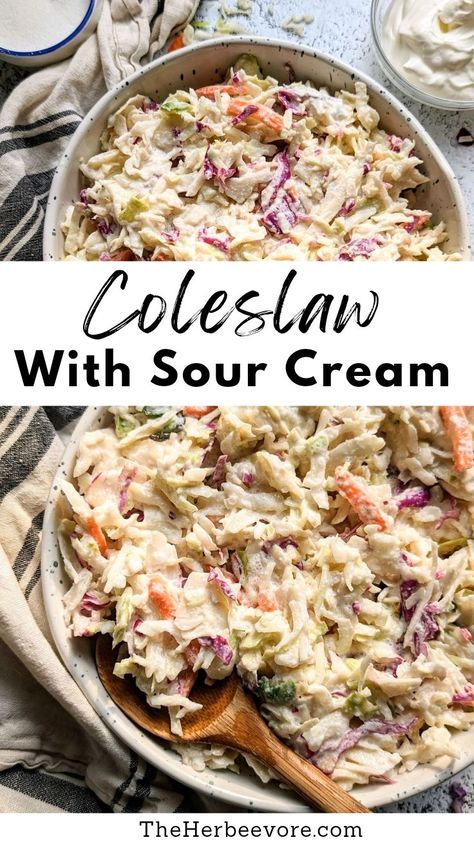 This coleslaw with sour cream recipe is a simple and delicious side dish - ready in just 10 minutes! A creamy coleslaw with vinegar, sugar, sour cream, and a few spices. Best Creamy Coleslaw Recipe, Coleslaw Dressing With Sour Cream, Sweet Creamy Coleslaw, Coleslaw Recipe With Sour Cream, Cole Slaw Recipe Vinegar Mayo, Amish Coleslaw Recipe, Cole Slaw Recipe Vinegar, Sour Cream Recipes Easy, Recipes Using Sour Cream