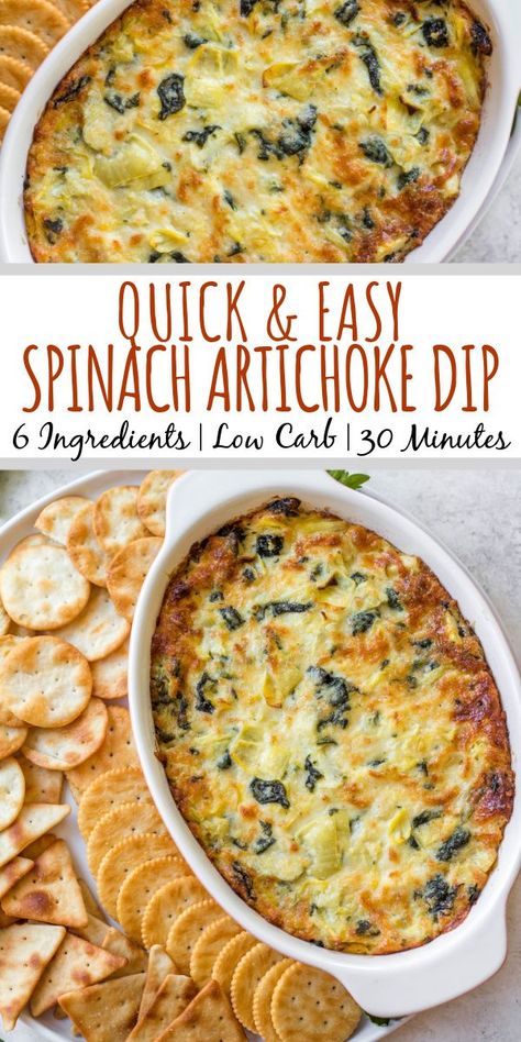 This easy spinach artichoke dip is perfectly rich and cheesy, full of delicious artichokes and spinach and is always a hit with any crowd at a party, holiday or gathering. It's an appetizer that takes very little hands on time, only 6 ingredients and baked in a half hour. This version is made with mayo for added creamy texture and keeps it gluten free, low carb and keto! #spinachartichokedip #holidayappetizer #lowcarbrecipes #lowcarbdip #spinachdip #artichokedip Easy Spinach Artichoke Dip, Healthy Spinach Artichoke Dip, Spinach Artichoke Dip Easy, Baked Spinach Artichoke Dip, Small Slow Cooker, Baked Artichoke, Spinach Artichoke Dip Recipe, Artichoke Recipes, Low Carb Appetizers