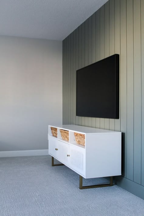 Vertical Shiplap Living Room Wall, Basement Shiplap, Basement Feature Wall Tv, Living Room Accent Wall Shiplap, Vertical Plank Wall Living Room, Basement Shiplap Accent Wall, Basement Feature Wall, Tv Shiplap Wall, Basement With Accent Wall