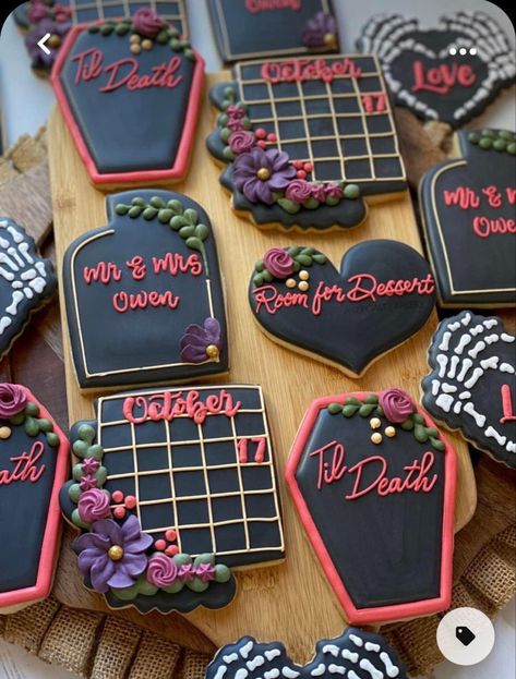 Dark Moody Wedding Cookies, Diy Goth Party Decor, Bridal Shower Gothic Theme, Gothic Decorated Cookies, Dark Romantic Bridal Shower Ideas, October Spooky Wedding Ideas, Halloween Themed Wedding Shower Ideas, Goth Wedding Shower Ideas, Goth Cookies Decorated