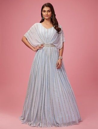 Outfit Blue Georgette Dress, Shimmer Gowns, Floor Length Dresses Indian, Georgette Gowns, Powder Blue Gown, Gowns Designs, Mommy Daughter Dresses, Powder Blue Dress, Pink Floor