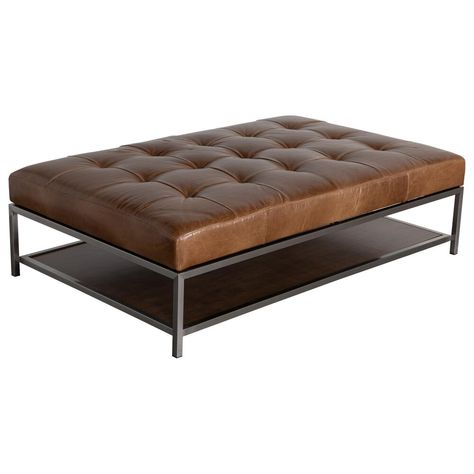 Jonathan Louis Randall Estate Leather Ottoman in Echo Umber | NFM Two Ottomans In Living Room, Coffee Tables For Leather Couches, Colorful Ottoman Living Room, Leather Coffee Table Rectangle, Leather Coffee Table Living Room, Coffee Table With Camel Leather Couch, Large Ottoman Living Room, Large Leather Ottoman, Leather Shelf