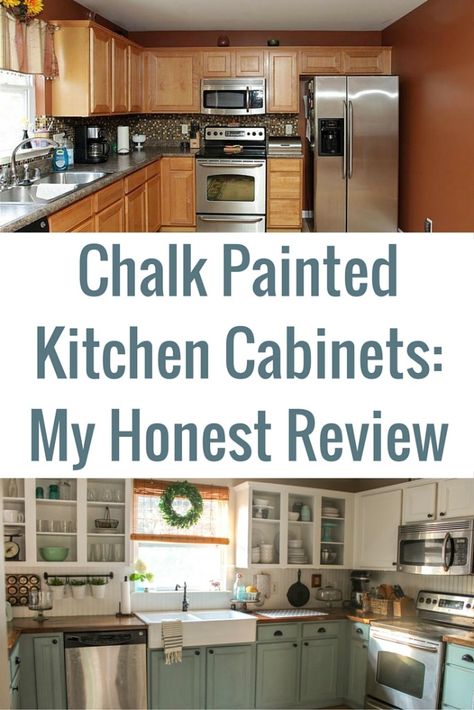 Chalk Painted Kitchen Cabinets - Two Years Later - Our Storied Home Rustoleum Chalk Paint Kitchen Cabinets, Rustoleum Kitchen Cabinets, 2tone Kitchen Cabinets, Annie Sloan Kitchen, Annie Sloan Chalk Paint Kitchen Cabinets, Annie Sloan Kitchen Cabinets, 2 Tone Kitchen Cabinets, Chalk Painted Kitchen Cabinets, Melamine Kitchen