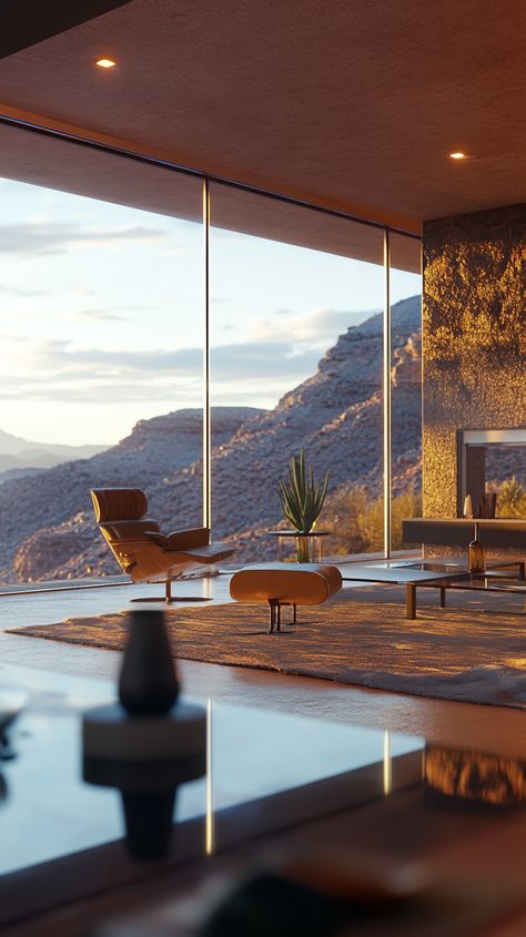 Modern desert home featuring vast windows with panoramic views. Desert Minimalism, Desert Modernism, Modern Desert Home, Modern Desert, Desert Dream, Desert Homes, Future House, Dream House, New Homes