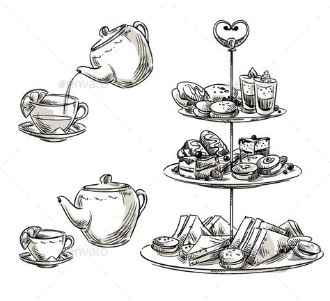 Set of Snacks on a Tray Teatime Sandwich Drawing, London Drawing, Plate Drawing, Desserts Drawing, Tree Doodle, Crystal Drawing, Pumpkin Vector, Cake Logo Design, Food Sketch