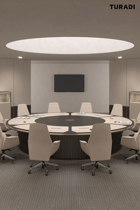 high-end 12-seater round boardroom table with integrated technology, such as screens, monitors and microphones, finished with marble and wood veneer, made for modern offices, corporate meeting rooms and hotel business centers. Hotel Business Center, Conference Table Design, Round Conference Table, Conference Room Design, Modern Offices, Meeting Hall, Hotel Business, Furniture Sketch, Conference Hall