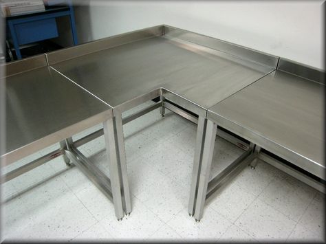 Stainless Steel L-Shaped Corner Table Stainless Steel Kitchen Table, Stainless Steel Table Top, Restaurant Kitchen Design, Commercial Kitchen Design, Kitchen Work Tables, Stainless Steel Work Table, Work Tables, Bakery Design Interior, Bakery Kitchen