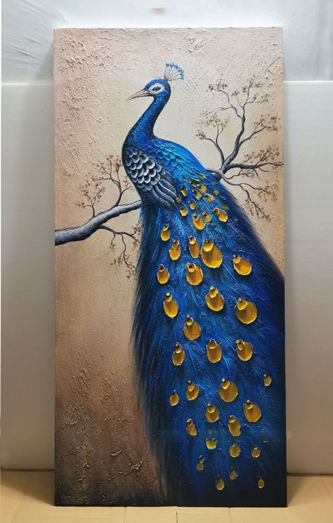 Peacock Painting On Canvas Acrylics, Vertical Paintings, Acrylic Canvas Painting Ideas, Simple Wall Paintings, Bird Painting Acrylic, Bird Paintings On Canvas, Peacock Canvas, 6 Elements, Design Art Nouveau