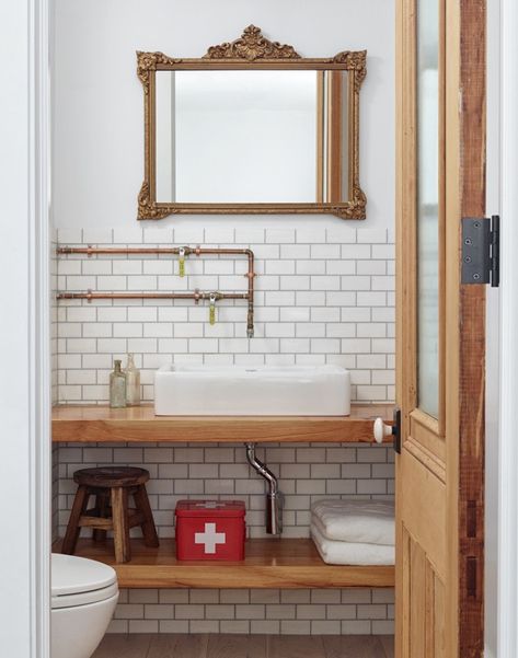 Best Professional Bath Finalist in 2014 Remodelista Considered Design Awards | Remodelista Exposed Plumbing, Copper Bathroom, Best Bath, Beautiful Bathrooms, Bathroom Inspiration, Design Awards, Bathroom Interior, Round Mirror Bathroom, Bathroom Sink