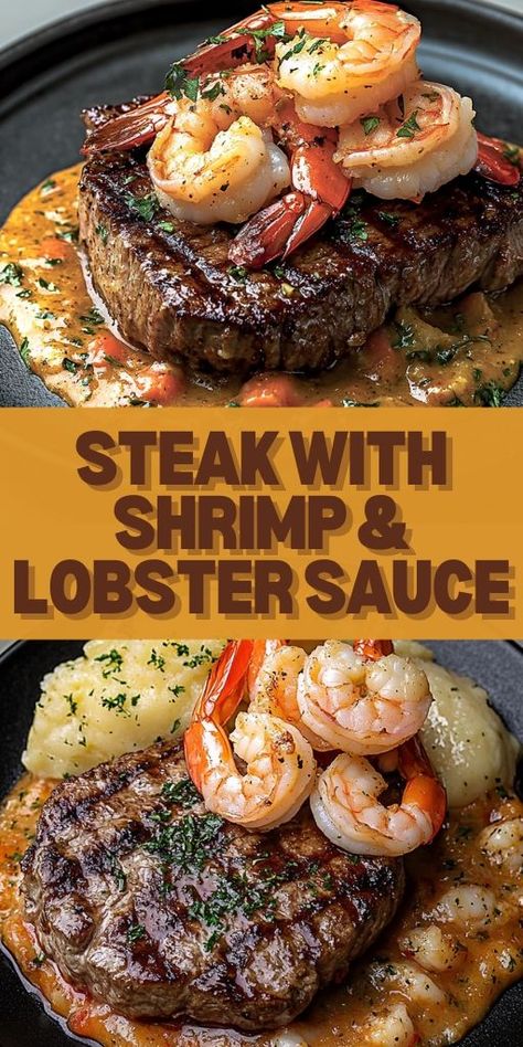 Elevate your dinner with this decadent steak with shrimp & lobster sauce recipe! 🦞🥩 This luxurious surf and turf meal is perfect for special occasions, date nights, or impressing your guests. Tender steak topped with succulent shrimp and a creamy lobster sauce—what could be better? 🍷 Indulge in this delicious recipe and treat yourself to a gourmet dinner at home. #SurfAndTurf #SteakRecipe #ShrimpLobsterSauce #SpecialOccasions #GourmetMeal #LobsterSauce #SteakAndShrimp #LuxuryMeals Easy Surf And Turf Recipes, Surf Turf Dinner, Lobster Sauce Recipe, Steak With Shrimp, Surf And Turf Recipes, Seared Filet Mignon, Steak And Lobster Dinner, Lobster Cream Sauce, Baked Shrimp Recipes