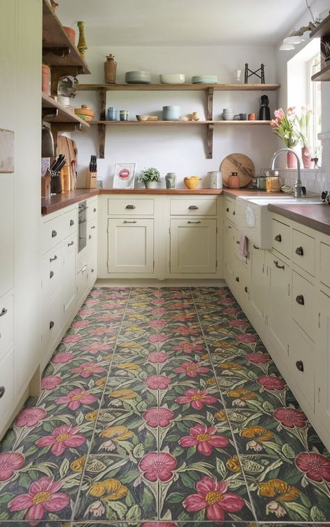 21 Colorful Kitchen Flooring Ideas to Brighten Your Space Lenolium Floor Ideas, Lvp Flooring Kitchen, Vinyl Kitchen Flooring, Kitchen Tile Floor, Painted Hardwood Floors, Kitchen Floor Tiles, Kitchen Flooring Ideas, Geometric Tile Design, Hex Tiles