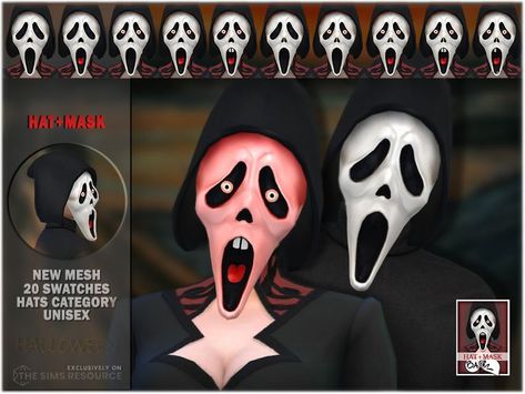 The famous face mask inspired by the no less famous painting titled Scream, as well as the no less famous thiller • New mesh (included with download) • 20 swatches • Base game • Hat Category • Teen to Elder • Unisex Sims 4 Ghostface, Sims 4 Scream, Sims 4 Halloween Cc, Sims 4 Halloween, Halloween Themed Snacks, Ghost Face Mask, Makeup Decor, Scream Mask, Creepy Costumes