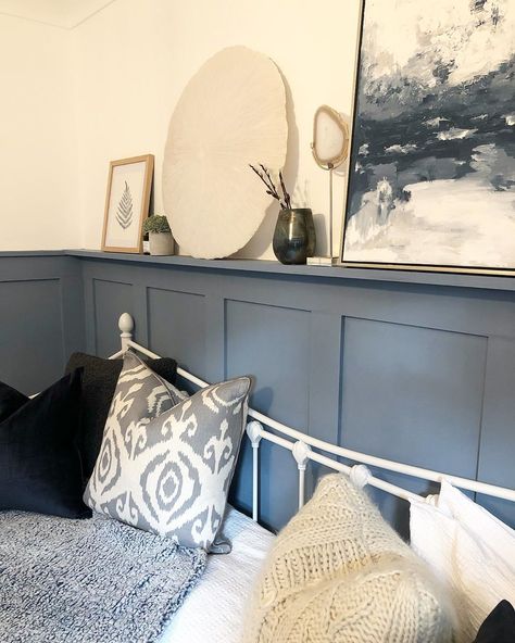 Blue Grey Panelling, Blue Bedroom Panelling Ideas, Lulworth Blue Bedroom, Bedroom Panelling Colours, Panelled Walls Bedroom Blue, Blue Panelling Nursery, Blue Bedroom Panelling, Blue Panelling Bedroom, Blue Wall Panelling