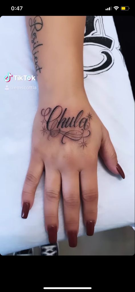 Full Name Tattoos, Chicana Small Tattoos, Hand Cursive Tattoo, Mexican Saying Tattoos, Cursive Stomach Tattoo, Chicana Tattoos For Women Lettering, Caligraphy Tattoos Women, Heaven Sent Tattoo Word, Name On Hand Tattoos For Women