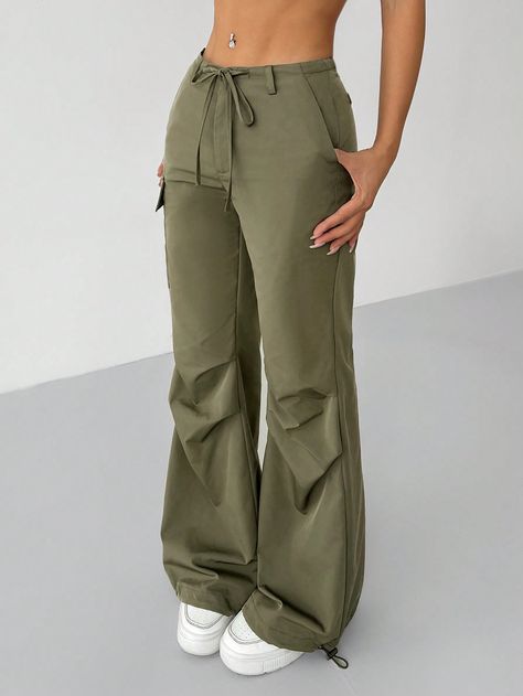 Women Low-Waist Bow Tie Belted Jogger Cargo Pants Army Green Casual   Woven Fabric Plain Flare Leg Non-Stretch  Women Clothing, size features are:Bust: ,Length: ,Sleeve Length: Flared Cargo Pants, Cargo Pants Army, Jogger Cargo Pants, Belt Tying, Cargo Joggers, Low Waist, Flare Pants, Army Green, Cargo Pants